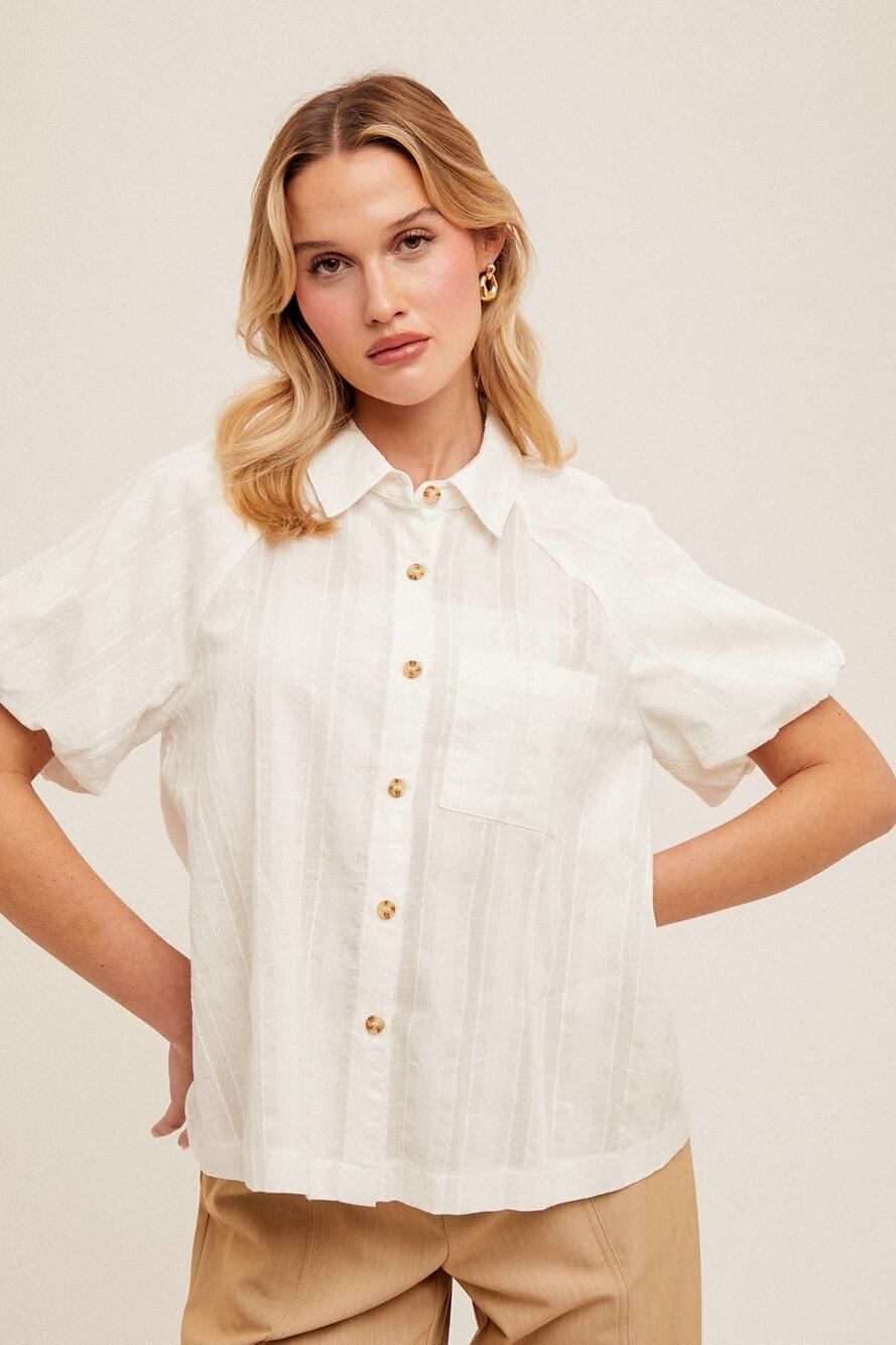 Button Down Front Pocket Bubble Sleeve Blouse